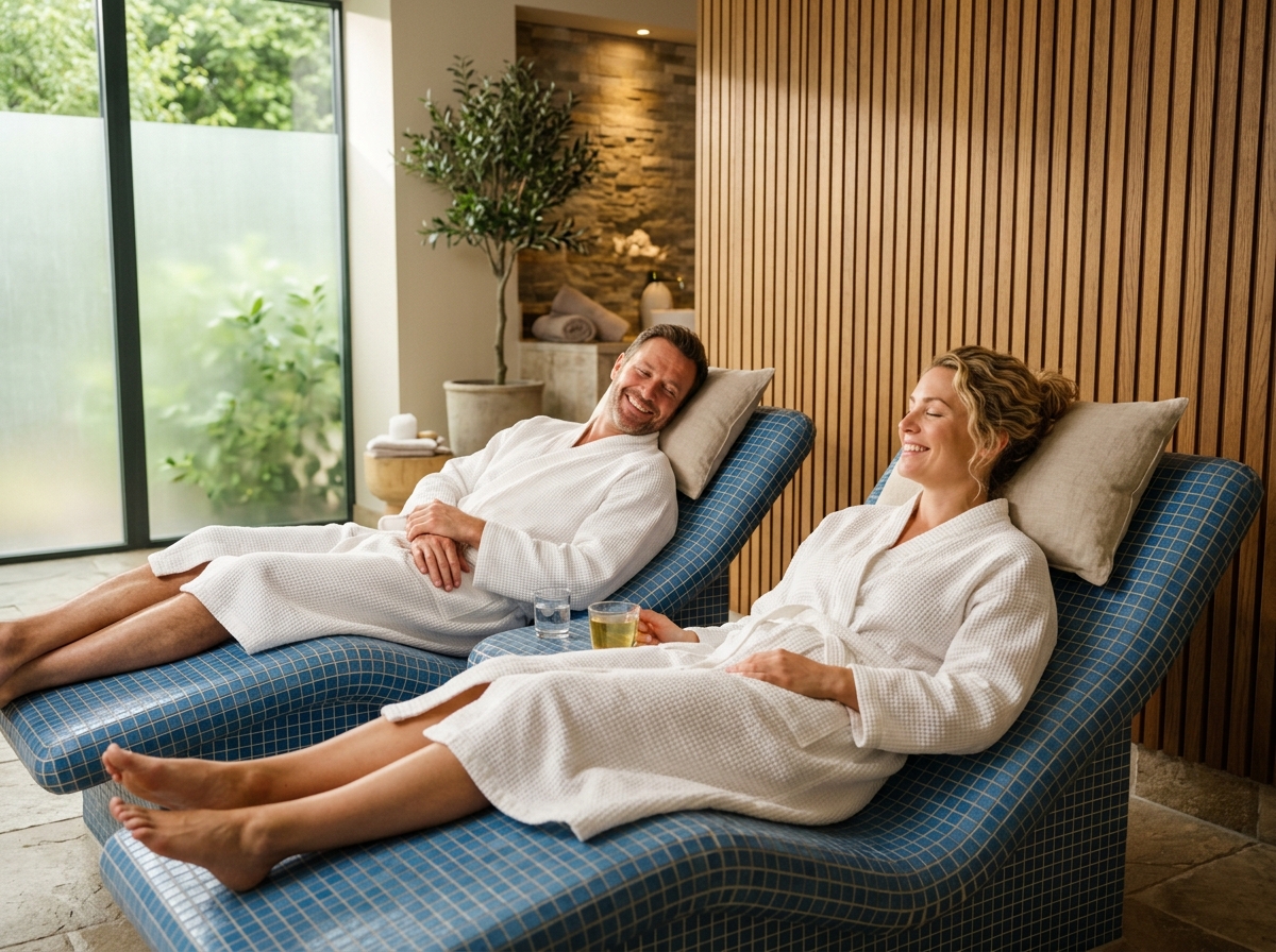 Couple relaxing on wellness spa loungers