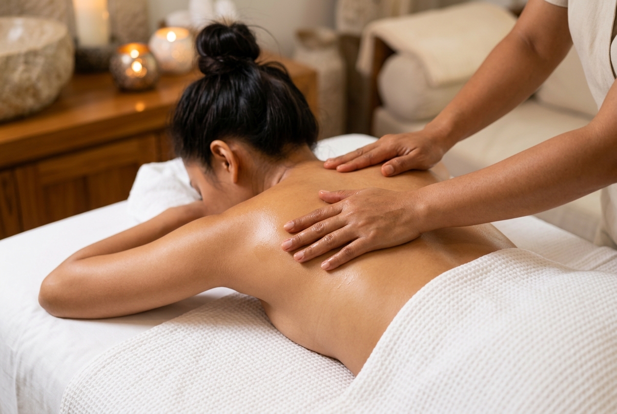 Therapist performing authentic soothing back massage