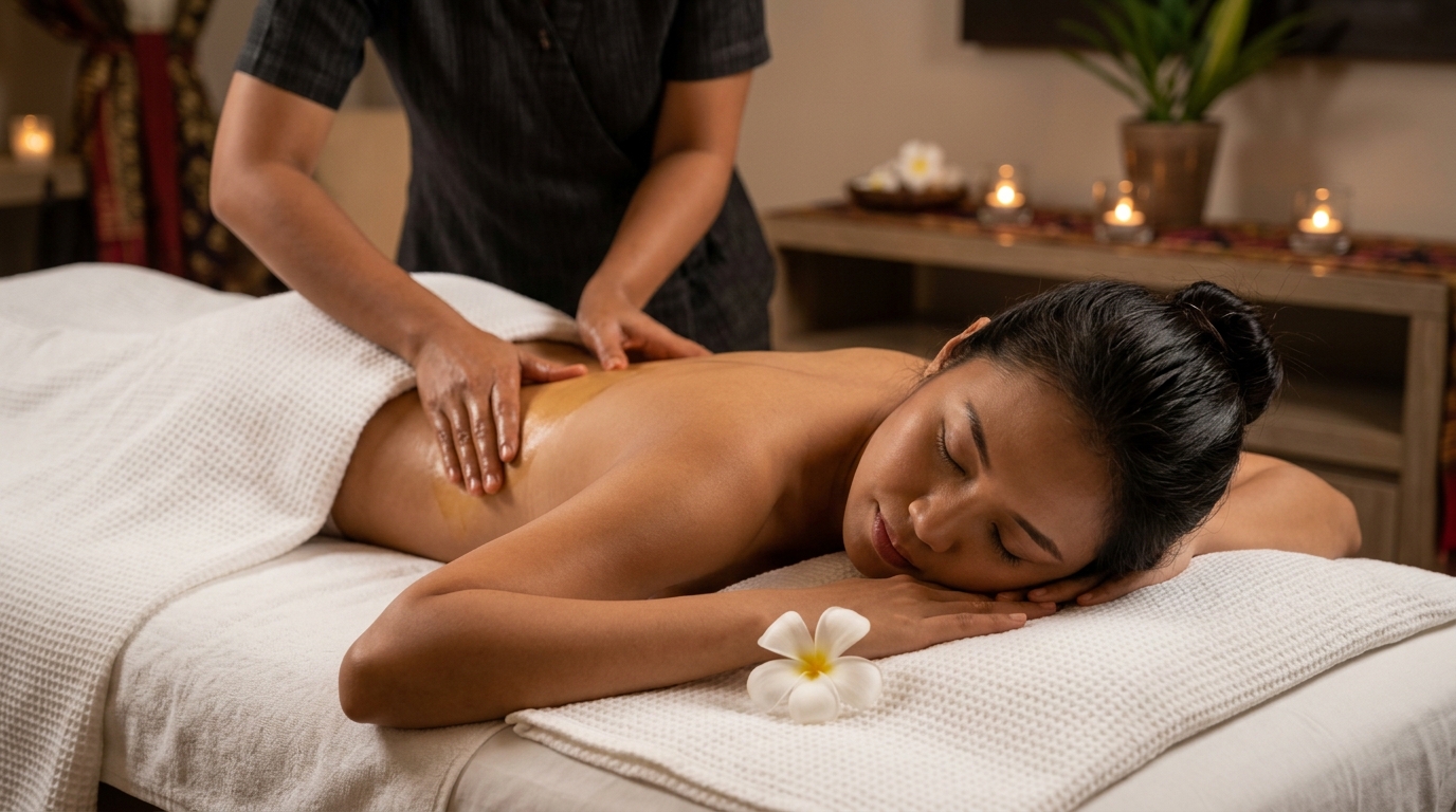 Relaxing luxury Balinese back massage experience with soothing oil and candles